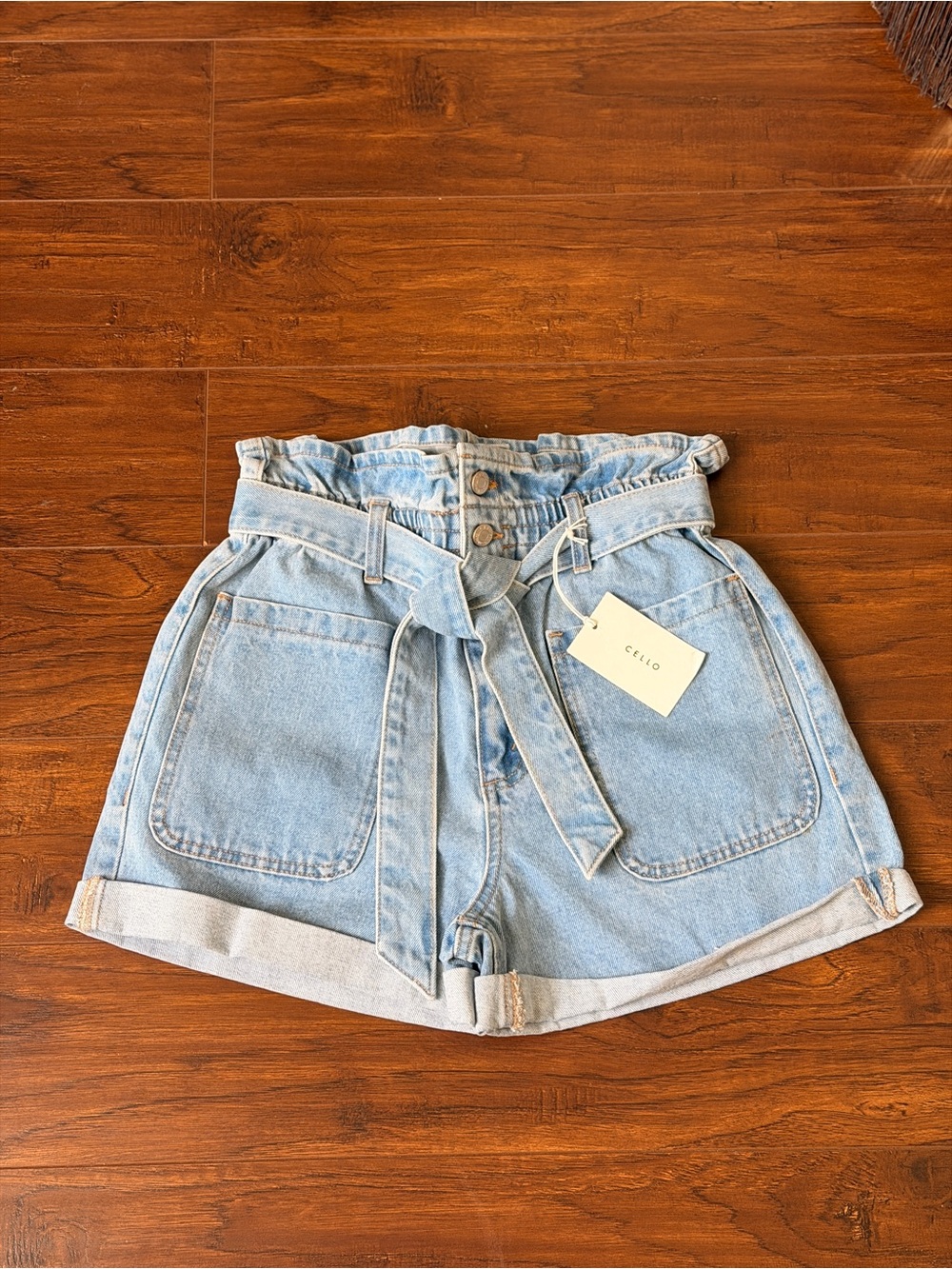 Cello Light Blue Paperbag Waist Denim Shorts with Tie Belt